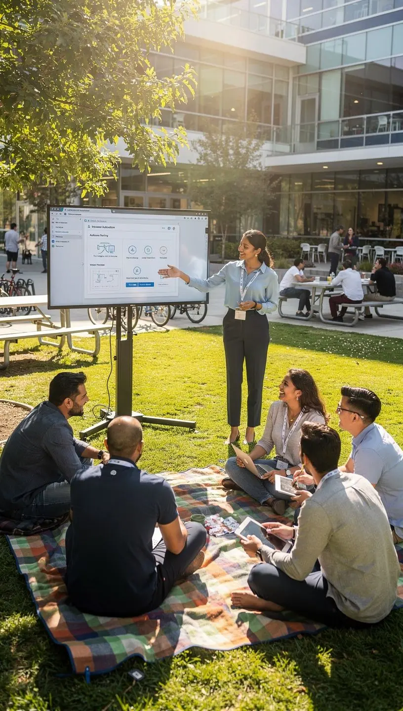 Close-up of a professional setting up workflow automation on a laptop in a modern office.