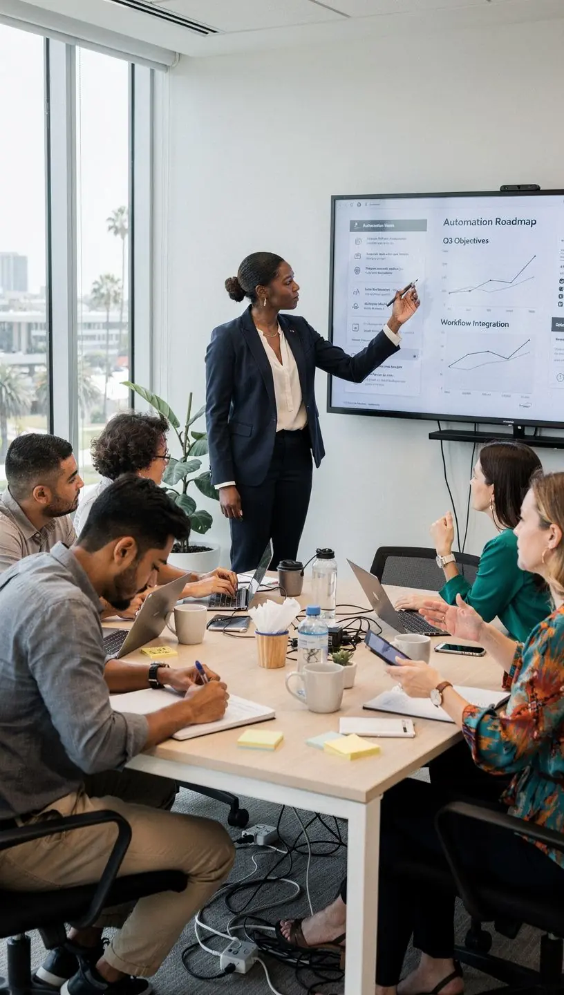 Illustration showing step-by-step process of integrating automation tools for business efficiency.