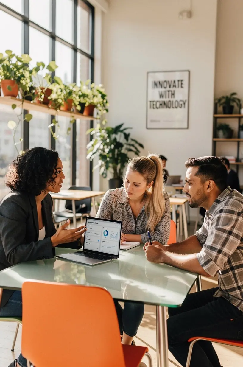 Photograph of a diverse team collaborating on technology solutions for workflow optimization.